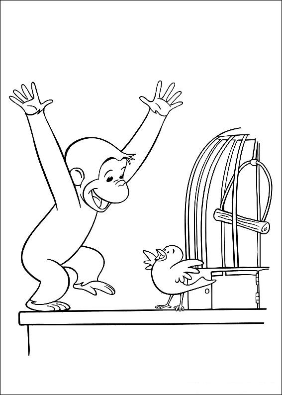Print Curious George laat vogel vrij kleurplaat